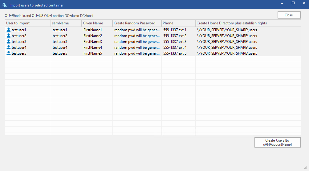 Import users to selected container